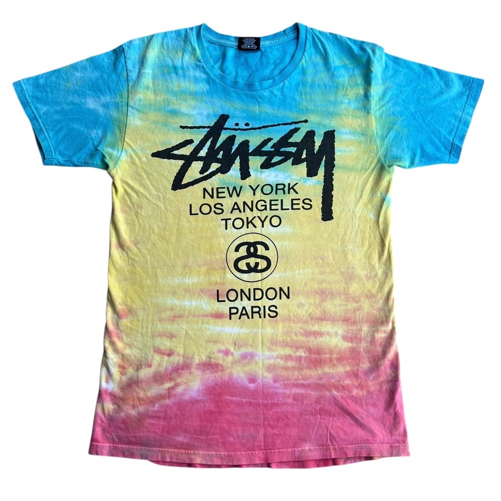 Vintage STUSSY Y2K World Tour Tie-Dye Shirt Double-Sided Graphic Tee Mexico Sz M